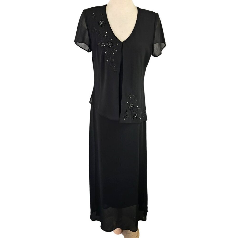 Positive Attitude 40s Style Faux 2 Piece Black Maxi Dress Sz 12 Beaded Short Slv